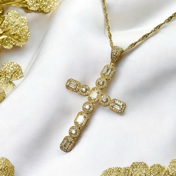 Elegant Gold Over Sterling CZ Cross Pendant Necklace - Picture 1 of 15